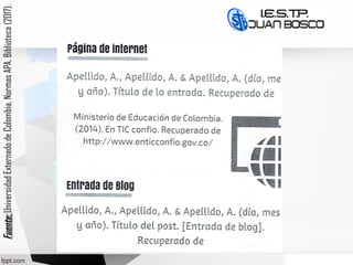Fuente:Fuente:UniversidadExternadodeColombia,NormasAPA,Biblioteca(2017).
 