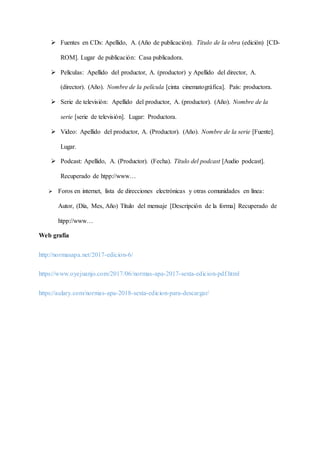  Fuentes en CDs: Apellido, A. (Año de publicación). Título de la obra (edición) [CD-
ROM]. Lugar de publicación: Casa publicadora.
 Películas: Apellido del productor, A. (productor) y Apellido del director, A.
(director). (Año). Nombre de la película [cinta cinematográfica]. País: productora.
 Serie de televisión: Apellido del productor, A. (productor). (Año). Nombre de la
serie [serie de televisión]. Lugar: Productora.
 Video: Apellido del productor, A. (Productor). (Año). Nombre de la serie [Fuente].
Lugar.
 Podcast: Apellido, A. (Productor). (Fecha). Título del podcast [Audio podcast].
Recuperado de htpp://www…
 Foros en internet, lista de direcciones electrónicas y otras comunidades en línea:
Autor, (Día, Mes, Año) Título del mensaje [Descripción de la forma] Recuperado de
htpp://www…
Web grafía
http://normasapa.net/2017-edicion-6/
https://www.oyejuanjo.com/2017/06/normas-apa-2017-sexta-edicion-pdf.html
https://aulary.com/normas-apa-2018-sexta-edicion-para-descargar/
 