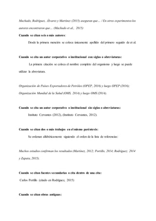 Machado, Rodríguez, Álvarez y Martínez (2015) aseguran que… / En otros experimentos los
autores encontraron que… (Machado et al., 2015)
Cuando se citan seis o más autores:
Desde la primera mención se coloca únicamente apellido del primero seguido de et al.
Cuando se cita un autor corporativo o institucional con siglas o abreviaturas:
La primera citación se coloca el nombre completo del organismo y luego se puede
utilizar la abreviatura.
Organización de Países Exportadores de Petróleo (OPEP, 2016) y luego OPEP (2016);
Organización Mundial de la Salud (OMS, 2014) y luego OMS (2014).
Cuando se cita un autor corporativo o institucional sin siglas o abreviaturas:
Instituto Cervantes (2012), (Instituto Cervantes, 2012).
Cuando se citan dos o más trabajos en el mismo paréntesis:
Se ordenan alfabéticamente siguiendo el orden de la lista de referencias:
Muchos estudios confirman los resultados (Martínez, 2012; Portillo, 2014; Rodríguez; 2014
y Zapata, 2015).
Cuando se citan fuentes secundarias o cita dentro de una cita:
Carlos Portillo (citado en Rodríguez, 2015)
Cuando se citan obras antiguas:
 