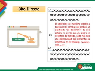 xxxxxxxxxxxxxxxxxxxxxxxx
xxxxxxxxxxxxxxxxxxxxxxxxx
xxxxxxxxxxxxxxxxxx.
El significado se mantiene estable a
través de los cambios del sentido. El
significado "de diccionario" de una
palabra no es más que una piedra en
el edificio del sentido, nada más que
una potencialidad que encuentra su
realización en el lenguaje. (Vygotsky,
1986, p. 22)
xxxxxxxxxxxxxxxxxxxxxxx
xxxxxxxxxxxxxxxxxxxxxxxxx
xxxxxxxxxxxxxxxxxx.
1,3
0,5
0,5
Cita Directa
 