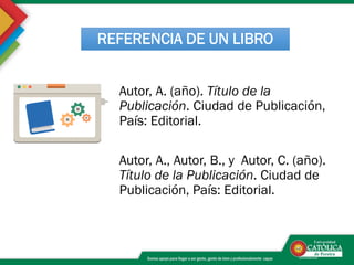 REFERENCIA DE UN LIBRO
Autor, A. (año). Título de la
Publicación. Ciudad de Publicación,
País: Editorial.
Autor, A., Autor, B., y Autor, C. (año).
Título de la Publicación. Ciudad de
Publicación, País: Editorial.
 