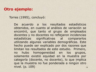 14
Torres (1995), concluyó:
De acuerdo a los resultados estadísticos
obtenidos, en cuanto al análisis de variación se
encontró, que tanto el grupo de empleados
docentes y no docentes no reflejaron incidencias
estadísticas significativas al compararlos
utilizando algunas variables demográficas. Este
hecho puede ser explicado por dos razones que
limitan los resultados de este estudio. Primero,
no hubo homogeneidad en los grupos,
solamente existió equidad en la muestra por
categoría (docente, no docente), lo que implica
que la muestra no fue ponderada a ningún otro
nivel. (p. 109)
Otro ejemplo:
 
