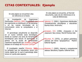 18
CITAS CONTEXTUALES: Ejemplo
En esta página se encuentran citas
de referencia en el texto:
En esta página se encuentra, al final del
documento, cada cita de referencias en la
Lista de Referencias:
La investigación de Cogniciones
Distribuidas (Salomon, 2001) ha señalado que
las cogniciones se distribuyen en las personas
y en las nuevas tecnologías de la
comunicación como la computadora y el
Internet.
El aprendizaje actualmente se desarrolla
en un nuevo contexto socio tecnológico,
donde se cuentan una serie de herramientas
tecnológicas para educar. El aprendizaje se
genera con la ayuda de herramientas
cognitivas especificado por Jonassen (1996) y
basado en el trabajo de McLuhan (1972).
El investigador español (Monereo, 2005)
ha señalado que los estudiantes tienen una
mente digital por lo cual el aprendizaje debe
tomar en cuenta este aspecto.
Salomon, G. (2001). Cogniciones distribuidas.
Consideraciones psicológicas y educativas.
Buenos Aires: Amorrortu.
Jonassen, D.H. (1996). Computers in the
classroom. New Jersey: Merrill Prentice Hall.
McLuhan, M. (1972). La galaxia gutenberg.
Génesis del Homo Typographicus. Madrid:
Editorial Aguilar.
Monereo, C. (2005). Internet y competencias
básicas. Barcelona, España: Editorial Graó.
 