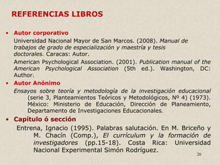 26
REFERENCIAS LIBROS
• Autor corporativo
Universidad Nacional Mayor de San Marcos. (2008). Manual de
trabajos de grado de especialización y maestría y tesis
doctorales. Caracas: Autor.
American Psychological Association. (2001). Publication manual of the
American Psychological Association (5th ed.). Washington, DC:
Author.
• Autor Anónimo
Ensayos sobre teoría y metodología de la investigación educacional
(serie 3, Planteamientos Teóricos y Metodológicos, Nº 4) (1973).
México: Ministerio de Educación, Dirección de Planeamiento,
Departamento de Investigaciones Educacionales.
• Capítulo ó sección
Entrena, Ignacio (1995). Palabras salutación. En M. Briceño y
M. Chacín (Comp.), El currículum y la formación de
investigadores (pp.15-18). Costa Rica: Universidad
Nacional Experimental Simón Rodríguez.
 