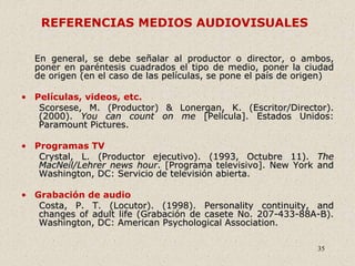 35
REFERENCIAS MEDIOS AUDIOVISUALES
En general, se debe señalar al productor o director, o ambos,
poner en paréntesis cuadrados el tipo de medio, poner la ciudad
de origen (en el caso de las películas, se pone el país de origen)
• Películas, videos, etc.
Scorsese, M. (Productor) & Lonergan, K. (Escritor/Director).
(2000). You can count on me [Película]. Estados Unidos:
Paramount Pictures.
• Programas TV
Crystal, L. (Productor ejecutivo). (1993, Octubre 11). The
MacNeil/Lehrer news hour. [Programa televisivo]. New York and
Washington, DC: Servicio de televisión abierta.
• Grabación de audio
Costa, P. T. (Locutor). (1998). Personality continuity, and
changes of adult life (Grabación de casete No. 207-433-88A-B).
Washington, DC: American Psychological Association.
 