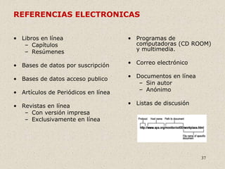 37
REFERENCIAS ELECTRONICAS
• Libros en línea
– Capítulos
– Resúmenes
• Bases de datos por suscripción
• Bases de datos acceso publico
• Artículos de Periódicos en línea
• Revistas en línea
– Con versión impresa
– Exclusivamente en línea
• Programas de
computadoras (CD ROOM)
y multimedia.
• Correo electrónico
• Documentos en línea
– Sin autor
– Anónimo
• Listas de discusión
 
