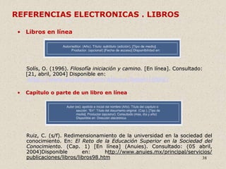 38
REFERENCIAS ELECTRONICAS . LIBROS
• Libros en línea
Solís, O. (1996). Filosofía iniciación y camino. [En línea]. Consultado:
[21, abril, 2004] Disponible en:
http://www.geocities.com/Athens/Delphi/6082/
• Capítulo o parte de un libro en línea
Ruiz, C. (s/f). Redimensionamiento de la universidad en la sociedad del
conocimiento. En: El Reto de la Educación Superior en la Sociedad del
Conocimiento. (Cap. 1) [En línea] (Anuies). Consultado: (05 abril,
2004)Disponible en: http://www.anuies.mx/principal/servicios/
publicaciones/libros/libros98.htm
 