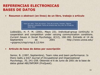 39
REFERENCIAS ELECTRONICAS
BASES DE DATOS
• Resumen o abstract (en línea) de un libro, trabajo o artículo
Lodewijkx, H. F. M. (2001, Mayo 23). Individual-group continuity in
cooperation and competition under varying communication conditions.
Current Issues in Social Psychology, 6(12), 166-182. Extraido el 14 de
Septiembre de 2001 http://www.uiowa.edu/
~grpproc/crisp/crisp.6.12.htm
• Articulo de base de datos por suscripción
Senior, B. (1997, Septiembre). Team roles and team performance: Is
there really a link? Journal of Occupational and Organizational
Psychology, 70, 241-258. Obtenido el 6 de Junio de 2001 de la base de
datos global ABI/INFORM (ProQuest).
 
