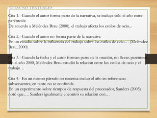 » CITAS NO TEXTUALES
Cita 1.- Cuando el autor forma parte de la narrativa, se incluye solo el año entre
paréntesis:
De acuerdo a Meléndez Brau (2000), el trabajo afecta los estilos de ocio...
Cita 2.- Cuando el autor no forma parte de la narrativa
En un estudio sobre la influencia del trabajo sobre los estilos de ocio… (Meléndez
Brau, 2000)
Cita 3.- Cuando la fecha y el autor forman parte de la oración, no llevan paréntesis.
En el año 2000, Meléndez Brau estudió la relación entre los estilos de ocio y el
trabajo…
Cita 4.- En un mismo párrafo no necesita incluir el año en referencias
subsecuentes, en tanto no se confunda.
En un experimento sobre tiempos de respuesta del procesador, Sanders (2005)
notó que…. Sanders igualmente encontró su relación con…
 