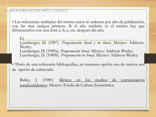 » REFERENCIAS MÚLTIPLES
• Las referencias múltiples del mismo autor se ordenan por año de publicación,
con las mas antigua primero. Si el año también es el mismo hay que
diferenciarlos con una letra a, b, c, etc. después del año.
Ej.
Luenberger, D. (1987). Programación lineal y no lineal. México: Addison-
Wesley.
Luenberger, D. (1989a). Programación lineal. México: Addison-Wesley.
Luenberger, D. (1989b). Programación no lineal. México: Addison-Wesley.
• Título de una referencia bibliográfica, no tenemos opción uso de cursiva nos
da opción de subrayarla.
Bailey, J. (1989). México en los medios de comunicación
estadounidenses. México: Fondo de Cultura Económica.
 