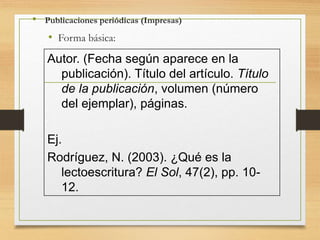 • Publicaciones periódicas (Impresas)
• Forma básica:
Autor. (Fecha según aparece en la
publicación). Título del artículo. Título
de la publicación, volumen (número
del ejemplar), páginas.
Ej.
Rodríguez, N. (2003). ¿Qué es la
lectoescritura? El Sol, 47(2), pp. 10-
12.
 