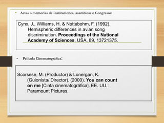 • Actas o memorias de Instituciones, asambleas o Congresos:
Cynx, J., Williams, H. & Nottebohm, F. (1992).
Hemispheric differences in avian song
discrimination. Proceedings of the National
Academy of Sciences, USA, 89, 13721375.
• Película Cinematográﬁca:
Scorsese, M. (Productor) & Lonergan, K.
(Guionista/ Director). (2000). You can count
on me [Cinta cinematográﬁca]. EE. UU.:
Paramount Pictures.
 