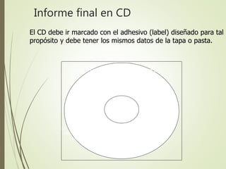 Informe final en CD
NOMBRE DEL INFORME
NOMBRES Y APELLIDOS DEL ESTUDIANTE
UNIVERSIDAD CATÓLICA POPULAR DEL RISARALDA
PROGRAMA DE ADMINISTRACIÓN DE EMPRESAS
COLECTIVO DE DOCENTES Y ESTUDIANTES
PEREIRA
2010
El CD debe ir marcado con el adhesivo (label) diseñado para tal
propósito y debe tener los mismos datos de la tapa o pasta.
 