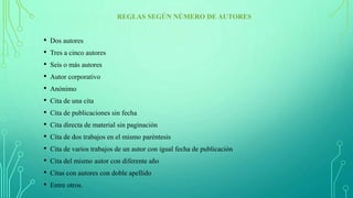 REGLAS SEGÚN NÚMERO DE AUTORES
• Dos autores
• Tres a cinco autores
• Seis o más autores
• Autor corporativo
• Anónimo
• Cita de una cita
• Cita de publicaciones sin fecha
• Cita directa de material sin paginación
• Cita de dos trabajos en el mismo paréntesis
• Cita de varios trabajos de un autor con igual fecha de publicación
• Cita del mismo autor con diferente año
• Citas con autores con doble apellido
• Entre otros.
 