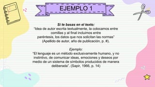 EJEMPLO 1
Si te basas en el texto:
“Idea de autor escrita textualmente, la colocamos entre
comillas y al final incluimos entre
paréntesis, los datos que nos solicitan las normas”
(Apellido de autor, año de publicación, p. #).
Ejemplo:
“El lenguaje es un método exclusivamente humano, y no
instintivo, de comunicar ideas, emociones y deseos por
medio de un sistema de símbolos producidos de manera
deliberada”. (Sapir, 1966, p. 14)
 