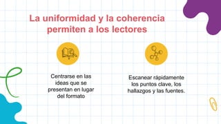 La uniformidad y la coherencia
permiten a los lectores
Centrarse en las
ideas que se
presentan en lugar
del formato
Escanear rápidamente
los puntos clave, los
hallazgos y las fuentes.
 