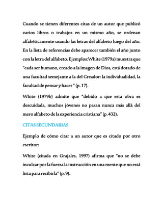 Cuando se tienen diferentes citas de un autor que publicó 
varios libros o trabajos en un mismo año, se ordenan 
alfabéticamente usando las letras del alfabeto luego del año. 
En la lista de referencias debe aparecer también el año junto 
con la letra del alfabeto. Ejemplos:White (1979a) muestra que 
“cada ser humano, creado a la imagen de Dios, está dotado de 
una facultad semejante a la del Creador: la individualidad, la 
facultad de pensar y hacer ” (p. 17). 
White (1979b) admite que “debido a que esta obra es 
descuidada, muchos jóvenes no pasan nunca más allá del 
mero alfabeto de la experiencia cristiana” (p. 432). 
CITAS SECUNDARIAS 
Ejemplo de cómo citar a un autor que es citado por otro 
escritor: 
White (citada en Grajales, 1997) afirma que “no se debe 
inculcar por la fuerza la instrucción en una mente que no está 
lista para recibirla” (p. 9). 
 