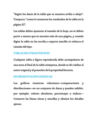 “Según los datos de la tabla que se muestra arriba o abajo”. 
Tampoco: “como lo muestran los resultados de la tabla en la 
página 32”. 
Las tablas deben ajustarse al tamaño de la hoja, no se deben 
partir a menos que se necesite más de una página, y cuando 
digite la tabla no las escriba a espacio sencillo ni reduzca el 
tamaño del tipo. 
TABLAS DE OTRAS FUENTES 
Cualquier tabla o figura reproducida debe acompañarse de 
una nota al final de la tabla reimpresa, donde se dé crédito al 
autor original y al poseedor de la propiedad literaria. 
DE PRESENTACIÓN GRÁFICAS 
Las gráficas muestran relaciones—comparaciones y 
distribuciones—en un conjunto de datos y pueden exhibir, 
por ejemplo, valores absolutos, porcentajes o índices— 
Conserve las líneas claras y sencillas y elimine los detalles 
ajenos. 
 