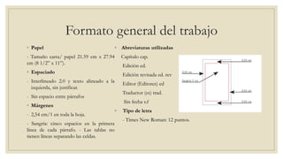 Formato general del trabajo
◦ Papel
- Tamaño carta/ papel 21.59 cm x 27.94
cm (8 1/2” x 11”).
◦ Espaciado
- Interlineado 2.0 y texto alineado a la
izquierda, sin justificar.
- Sin espacio entre párrafos
◦ Márgenes
- 2,54 cm/1 en toda la hoja.
- Sangría: cinco espacios en la primera
línea de cada párrafo. - Las tablas no
tienen líneas separando las celdas.
◦ Abreviaturas utilizadas
Capítulo cap.
Edición ed.
Edición revisada ed. rev
Editor (Editores) ed
Traductor (es) trad.
Sin fecha s.f
◦ Tipo de letra
- Times New Roman: 12 puntos.
 