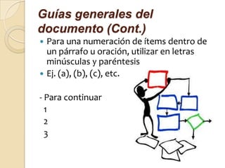 Guías generales del
documento (Cont.)
 Para una numeración de ítems dentro de
  un párrafo u oración, utilizar en letras
  minúsculas y paréntesis
 Ej. (a), (b), (c), etc.


- Para continuar
  1
  2
  3
 