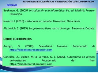 REFERENCIAS BIBLIOGRÁFICAS Y BIBLIOGRAFÍAS CON EL FORMATO APA
Beekman, G. (2005). Introducción a la informática. 6a. ed. Madrid: Pearson
Educación.
Navarro J. (2016). Historia de un canalla. Barcelona: Plaza Janés
Alexiévich, S. (2015). La guerra no tiene rostro de mujer. Barcelona: Debate.
LIBROS ELECTRONICOS
Arango, D. (2008). Sexualidad humana. Recuperado de
https://ebookcentral.proquest.com
González, A., Valdez, M. & Serrano, G. J. (2006). Autoestima en jóvenes
universitarios. Recuperado de from
https://ebookcentral.proquest.com
EJEMPLOS
 