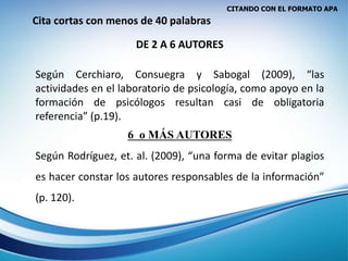 CITANDO CON EL FORMATO APA
Cita cortas con menos de 40 palabras
DE 2 A 6 AUTORES
Según Cerchiaro, Consuegra y Sabogal (2009), “las
actividades en el laboratorio de psicología, como apoyo en la
formación de psicólogos resultan casi de obligatoria
referencia” (p.19).
6 o MÁS AUTORES
Según Rodríguez, et. al. (2009), “una forma de evitar plagios
es hacer constar los autores responsables de la información”
(p. 120).
 