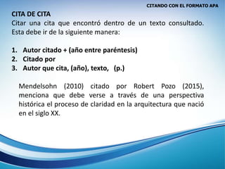 CITANDO CON EL FORMATO APA
CITA DE CITA
Citar una cita que encontró dentro de un texto consultado.
Esta debe ir de la siguiente manera:
1. Autor citado + (año entre paréntesis)
2. Citado por
3. Autor que cita, (año), texto, (p.)
Mendelsohn (2010) citado por Robert Pozo (2015),
menciona que debe verse a través de una perspectiva
histórica el proceso de claridad en la arquitectura que nació
en el siglo XX.
 