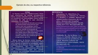Ejemplo de cita y su respectiva referencia.
CITAS REFERENCIA
S
 