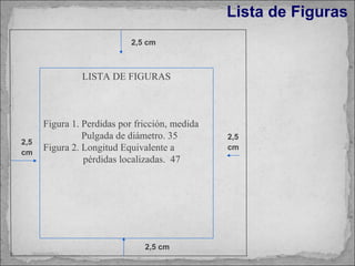 Lista de Figuras 2,5 cm 2,5 cm 2,5 cm 2,5 cm LISTA DE FIGURAS Figura 1. Perdidas por fricción, medida    Pulgada de diámetro. 35  Figura 2. Longitud Equivalente a pérdidas localizadas.  47 