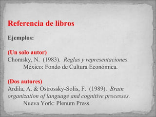 Referencia de libros Ejemplos: (Un solo autor) Chomsky, N.  (1983).  Reglas y representaciones .  México: Fondo de Cultura Económica. (Dos autores) Ardila, A. & Ostrossky-Solís, F.  (1989).  Brain  organization of language and cognitive processes.  Nueva York: Plenum Press.  