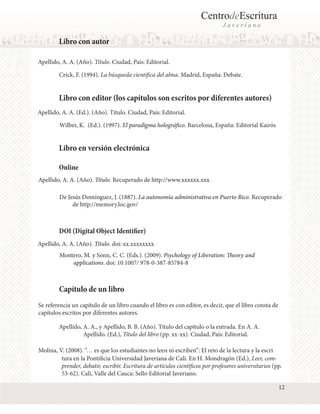 CentrodeEscritura
J a v e r i a n o
Libro con autor
Apellido, A. A. (Año). Título. Ciudad, País: Editorial.
Libro con editor (los capítulos son escritos por diferentes autores)
Apellido, A. A. (Ed.). (Año). Título. Ciudad, País: Editorial.
Wilber, K. (Ed.). (1997). El paradigma holográfico. Barcelona, España: Editorial Kairós
Libro en versión electrónica
Apellido, A. A. (Año). Título. Recuperado de http://www.xxxxxx.xxx
De Jesús Domínguez, J. (1887). La autonomía administrativa en Puerto Rico. Recuperado
Montero, M. y Sonn, C. C. (Eds.). (2009). Psychology of Liberation: Theory and
applications. doi: 10.1007/ 978-0-387-85784-8
Apellido, A. A. (Año). Título. doi: xx.xxxxxxxx
de http://memory.loc.gov/
Crick, F. (1994). La búsqueda científica del alma. Madrid, España: Debate.
Se referencia un capítulo de un libro cuando el libro es con editor, es decir, que el libro consta de
capítulos escritos por diferentes autores.
Molina, V. (2008). “… es que los estudiantes no leen ni escriben”: El reto de la lectura y la escri
Capítulo de un libro
Apellido, A. A., y Apellido, B. B. (Año). Título del capítulo o la entrada. En A. A.
Apellido. (Ed.), Título del libro (pp. xx-xx). Ciudad, País: Editorial.
Online
DOI (Digital Object Identifier)
tura en la Pontificia Universidad Javeriana de Cali. En H. Mondragón (Ed.), Leer, com-
prender, debatir, escribir. Escritura de artículos científicos por profesores universitarios (pp.
53-62). Cali, Valle del Cauca: Sello Editorial Javeriano.
12
 
