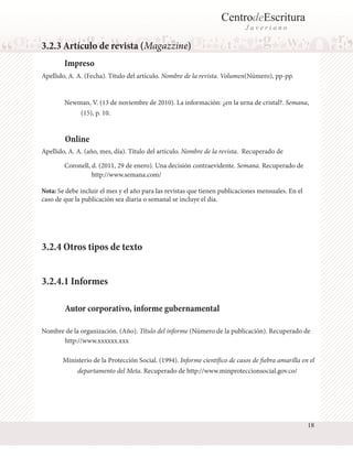 CentrodeEscritura
J a v e r i a n o
Online
Apellido, A. A. (Fecha). Título del artículo. Nombre de la revista. Volumen(Número), pp-pp.	
Apellido, A. A. (año, mes, día). Título del artículo. Nombre de la revista. Recuperado de 	
3.2.3 Artículo de revista (Magazzine)
Impreso
Newman, V. (13 de noviembre de 2010). La información: ¿en la urna de cristal?. Semana,
Nota: Se debe incluir el mes y el año para las revistas que tienen publicaciones mensuales. En el
caso de que la publicación sea diaria o semanal se incluye el día.
Coronell, d. (2011, 29 de enero). Una decisión contraevidente. Semana. Recuperado de
(15), p. 10.
http://www.semana.com/
Autor corporativo, informe gubernamental
Nombre de la organización. (Año). Título del informe (Número de la publicación). Recuperado de
Ministerio de la Protección Social. (1994). Informe científico de casos de fiebra amarilla en el
departamento del Meta. Recuperado de http://www.minproteccionsocial.gov.co/
http://www.xxxxxx.xxx
3.2.4.1 Informes
3.2.4 Otros tipos de texto
18
 
