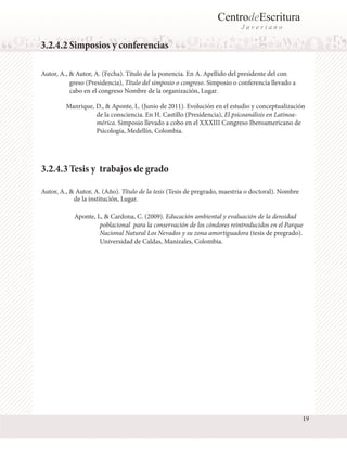 CentrodeEscritura
J a v e r i a n o
Autor, A., & Autor, A. (Fecha). Título de la ponencia. En A. Apellido del presidente del con
Autor, A., & Autor, A. (Año). Título de la tesis (Tesis de pregrado, maestria o doctoral). Nombre
Manrique, D., & Aponte, L. (Junio de 2011). Evolución en el estudio y conceptualización
Aponte, L, & Cardona, C. (2009). Educación ambiental y evaluación de la densidad
3.2.4.2 Simposios y conferencias
greso (Presidencia), Título del simposio o congreso. Simposio o conferencia llevado a
cabo en el congreso Nombre de la organización, Lugar.
de la consciencia. En H. Castillo (Presidencia), El psicoanálisis en Latinoa-
mérica. Simposio llevado a cobo en el XXXIII Congreso Iberoamericano de
Psicología, Medellín, Colombia.
3.2.4.3 Tesis y trabajos de grado
de la institución, Lugar.
poblacional para la conservación de los cóndores reintroducidos en el Parque
Nacional Natural Los Nevados y su zona amortiguadora (tesis de pregrado).
Universidad de Caldas, Manizales, Colombia.
19
 