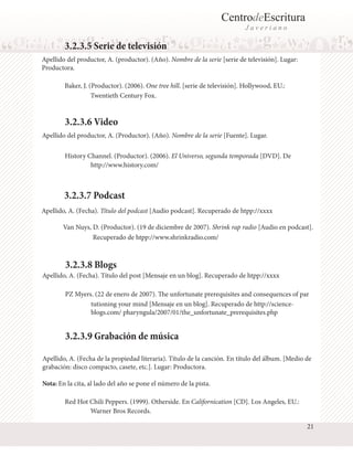 CentrodeEscritura
J a v e r i a n o
Baker, J. (Productor). (2006). One tree hill. [serie de televisión]. Hollywood, EU.:
3.2.3.5 Serie de televisión
Apellido del productor, A. (productor). (Año). Nombre de la serie [serie de televisión]. Lugar:
Productora.
Van Nuys, D. (Productor). (19 de diciembre de 2007). Shrink rap radio [Audio en podcast].
PZ Myers. (22 de enero de 2007). The unfortunate prerequisites and consequences of par
3.2.3.7 Podcast
Apellido, A. (Fecha). Título del podcast [Audio podcast]. Recuperado de htpp://xxxx
Apellido, A. (Fecha). Título del post [Mensaje en un blog]. Recuperado de htpp://xxxx
3.2.3.8 Blogs
Twentieth Century Fox.
Recuperado de htpp://www.shrinkradio.com/
tutioning your mind [Mensaje en un blog]. Recuperado de http://science-
blogs.com/ pharyngula/2007/01/the_unfortunate_prerequisites.php
History Channel. (Productor). (2006). El Universo, segunda temporada [DVD]. De
3.2.3.6 Video
Apellido del productor, A. (Productor). (Año). Nombre de la serie [Fuente]. Lugar.
http://www.history.com/
Apellido, A. (Fecha de la propiedad literaria). Título de la canción. En título del álbum. [Medio de
grabación: disco compacto, casete, etc.]. Lugar: Productora.
Nota: En la cita, al lado del año se pone el número de la pista.
Red Hot Chili Peppers. (1999). Otherside. En Californication [CD]. Los Angeles, EU.:
3.2.3.9 Grabación de música
Warner Bros Records.
21
 