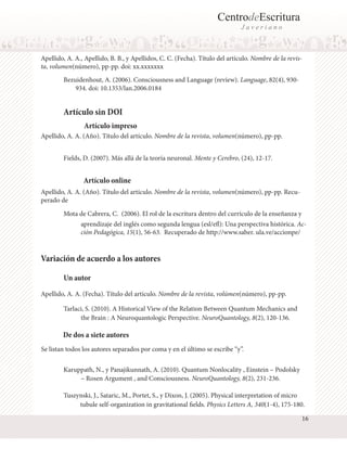 CentrodeEscritura
Javeriano

Apellido, A. A., Apellido, B. B., y Apellidos, C. C. (Fecha). Título del artículo. Nombre de la revista, volumen(número), pp-pp. doi: xx.xxxxxxx
Bezuidenhout, A. (2006). Consciousness and Language (review). Language, 82(4), 930934. doi: 10.1353/lan.2006.0184

Artículo sin DOI
Artículo impreso
Apellido, A. A. (Año). Título del artículo. Nombre de la revista, volumen(número), pp-pp.
Fields, D. (2007). Más allá de la teoría neuronal. Mente y Cerebro, (24), 12-17.

Artículo online
Apellido, A. A. (Año). Título del artículo. Nombre de la revista, volumen(número), pp-pp. Recuperado de
Mota de Cabrera, C. (2006). El rol de la escritura dentro del currículo de la enseñanza y
aprendizaje del inglés como segunda lengua (esl/efl): Una perspectiva histórica. Acción Pedagógica, 15(1), 56-63. Recuperado de http://www.saber. ula.ve/accionpe/

Variación de acuerdo a los autores
Un autor
Apellido, A. A. (Fecha). Título del artículo. Nombre de la revista, volúmen(número), pp-pp.
Tarlaci, S. (2010). A Historical View of the Relation Between Quantum Mechanics and
the Brain : A Neuroquantologic Perspective. NeuroQuantology, 8(2), 120-136.

De dos a siete autores
Se listan todos los autores separados por coma y en el último se escribe “y”.
Karuppath, N., y Panajikunnath, A. (2010). Quantum Nonlocality , Einstein – Podolsky
– Rosen Argument , and Consciousness. NeuroQuantology, 8(2), 231-236.
Tuszynski, J., Sataric, M., Portet, S., y Dixon, J. (2005). Physical interpretation of micro
tubule self-organization in gravitational fields. Physics Letters A, 340(1-4), 175-180.
16

 