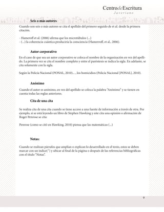 CentrodeEscritura
J a v e r i a n o
Seis o más autores
Cuando son seis o más autores se cita el apellido del primero seguido de et al. desde la primera
citación.
- Hameroff et al. (2006) afirma que los microtúbulos (...)
- (...) la coherencia cuántica produciría la consciencia (Hamerroff, et al., 2006).
Cuando el autor es anónimo, en vez del apellido se coloca la palabra “Anónimo” y se tienen en
cuenta todas las reglas anteriores.
En el caso de que sea un autor corporativo se coloca el nombre de la organización en vez del apelli-
do. La primera vez se cita el nombre completo y entre el paréntesis se indica la sigla. En adelante, se
cita solamente con la sigla.
Según la Policía Nacional (PONAL, 2010)... , los homicidios (Policía Nacional [PONAL], 2010).
Autor corporativo
Anónimo
Cita de una cita
Se realiza cita de una cita cuando se tiene acceso a una fuente de información a través de otra. Por
ejemplo, si se está leyendo un libro de Stephen Hawking y este cita una opinión o afirmación de
Roger Penrose se cita:
Penrose (como se citó en Hawking, 2010) piensa que las matemáticas (...)
Notas:
Cuando se realizan párrafos que amplían o explican lo desarrollado en el texto, estos se deben
marcar con un índice( 1
) y ubicar al final de la página o después de las referencias bibliográficas
con el título “Notas”.
9
 