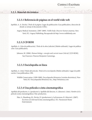CentrodeEscritura
J a v e r i a n o
3.2.3. Material electrónico
3.2.3.1 Referencia de páginas en el world wide web
Apellido, A. A. (Fecha). Título de la página. Lugar de publicación: Casa publicadora. dirección de
Apellido, A. (Año de publicación). Título de la obra (edición) [Medio utilizado]. Lugar de publica-
ción: Casa publicadora.
3.2.3.2 CD ROM
Johnson, M. (2006). Human biology : concepts and current issues (3rd ed.) [CD-ROM].
Argosy Medical Animation. (2007-2009). Visible body: Discover human anatomy. New
York, EU.: Argosy Publishing. Recuperado de http://www.visiblebody.com
San Francisco: Pearson Benjamin Cummings.
donde se extrajo el documento (URL).
Widlife Conservation. (1999-2000). Encyclopaedia Britannica [versión electrónica]. New
3.2.3.3 Enciclopedia en línea
Apellido, A. (Año) Título del artículo. Título de la enciclopedia [Medio utilizado]. Lugar de publi-
cación: Casa publicadora, URL
3.2.3.4 Una película o cinta cinematográfica
Apellido del productor, A. (productor) y Apellido del director, A. (director). (Año). Nombre de la
película [cinta cinematográfica]. País: productora.
Sher, S., Shamberg, M., Devito, D. (productores) y LaGravenese, R. (director). (2007).
Escritores de Libertad [Cinta cinematográfica]. EU.: Paramount Home
Entertaiment.
York, EU: Encyclopaedia Britannica Inc., http://britannica.com
20
 