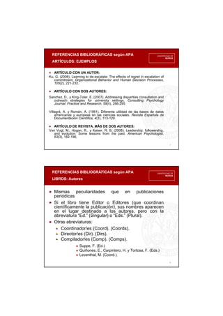 REFERENCIAS BIBLIOGRÁFICAS según APA
ARTÍCULOS: EJEMPLOS
7
ARTÍCULO CON UN AUTOR:
Ku, G. (2008). Learning to de-escalate: The effects of regret in escalation of
commitment. Organizational Behavior and Human Decision Processes,
105(2), 221-232.
ARTÍCULO CON DOS AUTORES:
Sanchez, D., y King-Toler, E. (2007). Addressing disparities consultation and
outreach strategies for university settings. Consulting Psychology
Journal: Practice and Research, 59(4), 286-295
Villagrá, A. y Román, A. (1981). Diferente utilidad de las bases de datos
americanas y europeas en las ciencias sociales. Revista Española de
Documentación Científica, 4(3), 113-129.
ARTÍCULO DE REVISTA, MÁS DE DOS AUTORES:
Van Vugt, M., Hogan, R., y Kaiser, R. B. (2008). Leadership, followership,
and evolution: Some lessons from the past. American Psychologist,
63(3), 182-196.
REFERENCIAS BIBLIOGRÁFICAS según APA
LIBROS: Autores
8
Mismas peculiaridades que en publicaciones
periódicas
Si el libro tiene Editor o Editores (que coordinan
científicamente la publicación), sus nombres aparecen
en el lugar destinado a los autores, pero con la
abreviatura “Ed.” (Singular) o “Eds.” (Plural).
Otras abreviaturas:
Coordinador/es (Coord). (Coords).
Director/es (Dir). (Dirs).
Compilador/es (Comp). (Comps).
Suppe, F. (Ed.)
Quiñones, E., Carpintero, H. y Tortosa, F. (Eds.)
Leventhal, M. (Coord.).
 