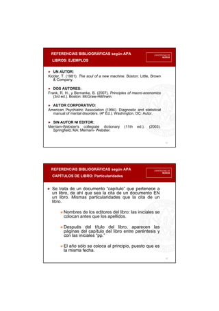 REFERENCIAS BIBLIOGRÁFICAS según APA
LIBROS: EJEMPLOS
11
UN AUTOR:
Kidder, T. (1981). The soul of a new machine. Boston: Little, Brown
& Company.
DOS AUTORES:
Frank, R. H., y Bernanke, B. (2007). Principles of macro-economics
(3rd ed.). Boston: McGraw-Hill/Irwin.
AUTOR CORPORATIVO:
American Psychiatric Association (1994). Diagnostic and statistical
manual of mental disorders. (4º Ed.). Washington, DC: Autor.
SIN AUTOR NI EDITOR:
Merriam-Webster's collegiate dictionary (11th ed.). (2003).
Springfield, MA: Merriam- Webster.
REFERENCIAS BIBLIOGRÁFICAS según APA
CAPÍTULOS DE LIBRO: Particularidades
12
Se trata de un documento “capítulo” que pertenece a
un libro, de ahí que sea la cita de un documento EN
un libro. Mismas particularidades que la cita de un
libro.
Nombres de los editores del libro: las iniciales se
colocan antes que los apellidos.
Después del título del libro, aparecen las
páginas del capítulo del libro entre paréntesis y
con las iniciales “pp.”
El año sólo se coloca al principio, puesto que es
la misma fecha.
 