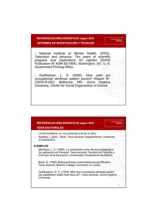 REFERENCIAS BIBLIOGRÁFICAS según APA
INFORMES DE INVESTIGACIÓN Y TÉCNICOS
15
- National Institute of Mental Health. (2003).
Television and behavior: Ten years of scientific
progress and implications for cighties (DHHS
Publication Nº ADM 82-1995). Washington, DC: U. S.
Government Printing Office.
- Gottfredson, L. S. (2006). How valid are
occupational reinforcer pattern scores? (Report Nº.
CSOS-R-292). Baltimore, MD: Johns Hopkins
University, Center for Social Organisation of School.
REFERENCIAS BIBLIOGRÁFICAS según APA
TESIS DOCTORALES
16
La forma básica, es muy parecida a la de un libro:
Apellido, I. (año). Título. Tesis doctoral, Departamento, Institución
(Localización).
EJEMPLOS:
Mendoza, L. E. (1969). La orientación como técnica pedagógica.
Su aplicación en Panamá. Tesis doctoral, Facultad de Filosofía y
Ciencias de la Educación, Universidad Complutense de Madrid.
Beck, G. (1992) Bullying among incarcerated young offenders.
Tesis doctoral, Birbeck College, University of London.
Goldfredson, G. D. (1978). Why don’t vocational interests predict
job satisfaction better than they do?. Tesis doctoral, Johns Hopkins
University.
 