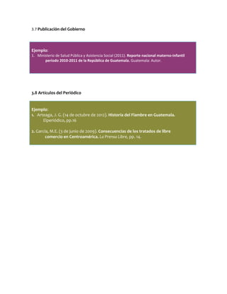 3.7 Publicación del Gobierno
Ejemplo:
1. Ministerio de Salud Pública y Asistencia Social (2011). Reporte nacional materno-infantil
período 2010-2011 de la República de Guatemala. Guatemala: Autor.
3.8 Artículos del Periódico
Ejemplo:
1. Arteaga, J. G. (14 de octubre de 2012). Historia del Fiambre en Guatemala.
Elperiódico, pp.16
2. García, M.E. (3 de junio de 2009). Consecuencias de los tratados de libre
comercio en Centroamérica. La Prensa Libre, pp. 14.
 