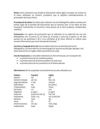 Notas: texto aclaratorio que amplía la información sobre algún concepto. Se inserta en
el texto utilizando un número correlativo que le adjudica automáticamente el
procesador de textos Word.
Procedencia de datos: los datos para redactar una cita bibliográfica deben extraerse en
primer lugar de la portada del documento que se necesita citar. Si los datos de ésta
resultaran insuficientes se recurrirá a otras partes de la obra (cubierta, anteportada,
colofón).
Puntuacion: Los signos de puntuación que se utilizarán en la redacción de una cita
bibliográfica son: el punto (.), la coma (,), el punto y coma (;), el guión (-), los dos
puntos (:), los paréntesis ( () ) y los corchetes ([ ]), éstos últimos se utilizan para
insertar información que no es tomada de la fuente.
Escritura y lenguaje de la cita: Nunca debe traducirse un elemento de la cita
bibliográfica, se transcribirá en la misma lengua en que fue escrito (por ejemplo: si el
título está escrito en inglés, debe transcribirse tal cual).
Uso de mayúsculas: La cita debe redactarse en letra minúscula, con excepción de:
 La primera letra de los nombres propios
 La primera letra de la primera palabra de cada área
 La primera letra de los sustantivos en el idioma alemán
Abreviaturas: De las aceptadas universalmente, las más utilizadas son:
Palabra Español Inglés
Edición ed. ed.
Edición revisada ed. rev. Rev. Ed.
Segunda edición 2ª ed. 2nd ed.
Editore(es) ed. Ed. (Eds.)
Traductor(es) trad. Trans.
Sin fecha s.f. n.d.
Página(s) p. (pp.) p. (pp.)
Volumen (como en Vol. 4) Vol. Vol.
Volúmenes (vols. 1-4) vol. (vols) Vol.
Número núm. No.
Parte Pt. Pt.
Informe técnico Inf. téc. Tech. Rep.
Suplemento Supl. Suppl.
 