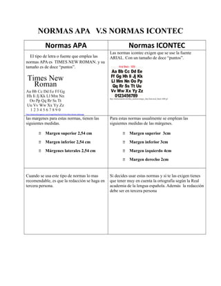 NORMAS APA V.S NORMAS ICONTEC
Normas APA Normas ICONTEC
El tipo de letra o fuente que emplea las
normas APA es TIMES NEW ROMAN. y su
tamaño es de doce “puntos”.
http://www.lettersgalore.com/image/data/fonts/Times-New-Roman-alpha.jpg
Las normas icontec exigen que se use la fuente
ARIAL. Con un tamaño de doce “puntos”.
http://stickycreations.net/ebay_auctions/images_ebay/fonts/arial_black-1009.gif
las margenes para estas normas, tienen las
siguientes medidas.
 Margen superior 2,54 cm
 Margen inferior 2,54 cm
 Márgenes laterales 2,54 cm
Para estas normas usualmente se emplean las
siguientes medidas de las márgenes.
 Margen superior 3cm
 Margen inferior 3cm
 Margen izquierdo 4cm
 Margen derecho 2cm
Cuando se usa este tipo de normas lo mas
recomendable, es que la redacción se haga en
tercera persona.
Si decides usar estas normas y si te las exigen tienes
que tener muy en cuenta la ortografía según la Real
academia de la lengua española. Además la redacción
debe ser en tercera persona
 