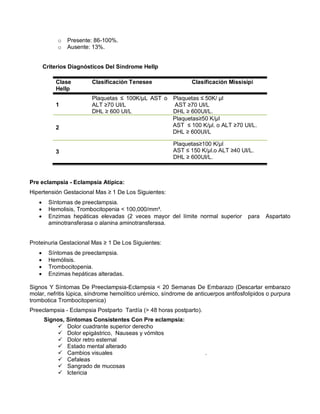 o Presente: 86-100%.
o Ausente: 13%.
Criterios Diagnósticos Del Síndrome Hellp
Pre eclampsia - Eclampsia Atípica:
Hipertensión Gestacional Mas ≥ 1 De Los Siguientes:
• Síntomas de preeclampsia.
• Hemolisis, Trombocitopenia < 100,000/mm³.
• Enzimas hepáticas elevadas (2 veces mayor del límite normal superior para Aspartato
aminotransferasa o alanina aminotransferasa.
Proteinuria Gestacional Mas ≥ 1 De Los Siguientes:
• Síntomas de preeclampsia.
• Hemólisis.
• Trombocitopenia.
• Enzimas hepáticas alteradas.
Signos Y Síntomas De Preeclampsia-Eclampsia < 20 Semanas De Embarazo (Descartar embarazo
molar, nefritis lúpica, síndrome hemolítico urémico, síndrome de anticuerpos antifosfolipidos o purpura
trombotica Trombocitopenica)
Preeclampsia - Eclampsia Postparto Tardía (> 48 horas postparto).
Signos, Síntomas Consistentes Con Pre eclampsia:
 Dolor cuadrante superior derecho
 Dolor epigástrico, Nauseas y vómitos
 Dolor retro esternal
 Estado mental alterado
 Cambios visuales .
 Cefaleas
 Sangrado de mucosas
 Ictericia
Clase
Hellp
Clasificación Tenesee Clasificación Missisipi
1
Plaquetas ≤ 100K/µL AST o
ALT ≥70 UI/L
DHL ≥ 600 UI/L
Plaquetas ≤ 50K/ µl
AST ≥70 UI/L
DHL ≥ 600UI/L.
2
Plaquetas≥50 K/µl
AST ≤ 100 K/µl. o ALT ≥70 UI/L.
DHL ≥ 600UI/L
3
Plaquetas≥100 K/µl
AST ≤ 150 K/µl.o ALT ≥40 UI/L.
DHL ≥ 600UI/L.
 