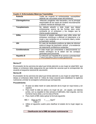 Norma 27
El proveedor de los servicios de salud que brinda atención a una mujer en edad fértil que
desea un embarazo debe asegurarse de que reciba las vacunas que le corresponden de
acuerdo al esquema nacional de vacunación.
Norma 28
El proveedor de los servicios de salud que brinda atención a una mujer en edad fértil que
desea un embarazo debe medir el índice de masa corporal para establecer la vigilancia
nutricional y brindar la consejería nutricional que corresponde.
Procedimiento:
• El peso se debe medir en cada atención de la mujer en ropa liviana y sin
zapatos
• Para medir la talla se ubica a la mujer de pie , sin zapato, con talones
juntos, con su espalda lo más cercana al tallímetro, bien erguida, con los
hombros hacia atrás y con la vista al frente
• Para medir el IMC debe aplicar la formula siguiente:
IMC = Peso en KG = _____Kg/m2
Talla m 2
• Utilice el siguiente cuadro para clasificar el estado de la mujer según su
IMC:
Cuadro 3: Enfermedades Maternas Trasmisibles
Rubeola Todas las mujeres no embarazadas, susceptibles
deberán ser vacunadas antes del embarazo
Citomegalovirus Infección congénita más frecuente y es la principal
responsable de los casos de sordera neurosensorial
y retardo mental de etiología viral
Toxoplasmosis Se deberá advertir a toda mujer que desea
embarazarse acerca de las formas para evitar
contraerla en el embarazo y los riesgos que la
misma puede ocasionar
Sífilis Conocer el estado serológico para sífilis antes del
embarazo contribuye a efectuar el tratamiento a la
mujer y sus contactos en un momento ideal y evitar
la trasmisión vertical
VIH En caso de resultados positivos se debe de informar
sobre el riesgo de trasmisión vertical y la existencia
de tratamiento profilácticos existentes
Condilomatosis A toda mujer que conociendo o desconociendo su
estado serológico se le deben dar los consejos
generales para prevenirla
Hepatitis B La infección por hepatitis B se asocia a prematuridad
y niños pequeños para la edad gestacional
Clasificación de la OMS del estado nutricional de
 