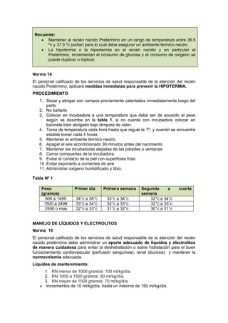 Recuerde:
• Mantener al recién nacido Pretèrmino en un rango de temperatura entre 36.5
ºc y 37.5 ºc (axilar) para lo cual debe asegurar un ambiente térmico neutro.
• La hipotermia o la hipertermia en el recién nacido y en particular el
Pretèrmino, incrementan el consumo de glucosa y el consumo de oxígeno se
puede duplicar o triplicar.
Norma 14
El personal calificado de los servicios de salud responsable de la atención del recién
nacido Pretèrmino, aplicará medidas inmediatas para prevenir la HIPOTERMIA.
PROCEDIMIENTO
1. Secar y abrigar con campos previamente calentados inmediatamente luego del
parto
2. No bañarlo
3. Colocar en incubadora a una temperatura que debe ser de acuerdo al peso
según se describe en la tabla 1, si no cuenta con incubadora colocar en
bacinete bien abrigado bajo lámpara de calor.
4. Toma de temperatura cada hora hasta que regule la Tº, y cuando se encuentre
estable tomar cada 4 horas
5. Mantener el ambiente térmico neutro.
6. Apagar el aire acondicionado 30 minutos antes del nacimiento
7. Mantener las incubadoras alejadas de las paredes o ventanas
8. Cerrar compuertas de la incubadora.
9. Evitar el contacto de la piel con superficies frías
10. Evitar exponerlo a corrientes de aire
11. Administrar oxígeno humidificado y tibio.
Tabla Nº 1
MANEJO DE LÍQUIDOS Y ELECTROLITOS
Norma 15
El personal calificado de los servicios de salud responsable de la atención del recién
nacido pretérmino debe administrar un aporte adecuado de líquidos y electrolitos
de manera cuidadosa para evitar la deshidratación o sobre hidratación para el buen
funcionamiento cardiovascular (perfusión sanguínea), renal (diuresis) y mantener la
normovolemia adecuada.
Líquidos de mantenimiento:
1. RN menor de 1000 gramos: 100 ml/kg/día
2. RN 1000 a 1500 gramos: 80 ml/kg/día.
3. RN mayor de 1500 gramos: 70 ml/kg/día.
 Incrementos de 10 ml/kg/día, hasta un máximo de 150 ml/kg/día.
Peso
(gramos)
Primer día Primera semana Segunda a cuarta
semana
500 a 1499 34°c a 36°c 33°c a 34°c 32°c a 34°c
1500 a 2499 33°c a 34°c 32°c a 33°c 32°c a 33°c
2500 o mas 32°c a 33°c 31°c a 32°c 30°c a 31°c
 