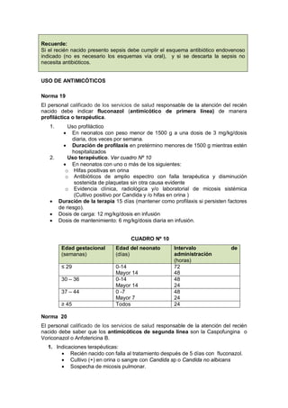 Recuerde:
Si el recién nacido presento sepsis debe cumplir el esquema antibiótico endovenoso
indicado (no es necesario los esquemas vía oral), y si se descarta la sepsis no
necesita antibióticos.
USO DE ANTIMICÓTICOS
Norma 19
El personal calificado de los servicios de salud responsable de la atención del recién
nacido debe indicar fluconazol (antimicótico de primera línea) de manera
profiláctica o terapéutica.
1. Uso profiláctico
• En neonatos con peso menor de 1500 g a una dosis de 3 mg/kg/dosis
diaria, dos veces por semana.
• Duración de profilaxis en pretérmino menores de 1500 g mientras estén
hospitalizados
2. Uso terapéutico. Ver cuadro Nº 10
• En neonatos con uno o más de los siguientes:
o Hifas positivas en orina
o Antibióticos de amplio espectro con falla terapéutica y disminución
sostenida de plaquetas sin otra causa evidente
o Evidencia clínica, radiológica y/o laboratorial de micosis sistémica
(Cultivo positivo por Candida y /o hifas en orina )
• Duración de la terapia 15 días (mantener como profilaxis si persisten factores
de riesgo).
• Dosis de carga: 12 mg/kg/dosis en infusión
• Dosis de mantenimiento: 6 mg/kg/dosis diaria en infusión.
CUADRO Nº 10
Edad gestacional
(semanas)
Edad del neonato
(días)
Intervalo de
administración
(horas)
≤ 29 0-14
Mayor 14
72
48
30 – 36 0-14
Mayor 14
48
24
37 – 44 0 -7
Mayor 7
48
24
≥ 45 Todos 24
Norma 20
El personal calificado de los servicios de salud responsable de la atención del recién
nacido debe saber que los antimicóticos de segunda línea son la Caspofungina o
Voriconazol o Anfotericina B.
1. Indicaciones terapéuticas:
• Recién nacido con falla al tratamiento después de 5 días con fluconazol.
• Cultivo (+) en orina o sangre con Candida sp o Candida no albicans
• Sospecha de micosis pulmonar.
 