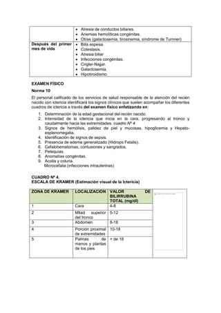 • Atresia de conductos biliares.
• Anemias hemolíticas congénitas.
• Otras (galactosemia, tirosinemia, síndrome de Turnner)
Después del primer
mes de vida
• Bilis espesa.
• Colestasis.
• Atresia biliar
• Infecciones congénitas.
• Crigler-Najjar.
• Galactosemia.
• Hipotiroidismo
EXAMEN FÍSICO
Norma 10
El personal calificado de los servicios de salud responsable de la atención del recién
nacido con ictericia identificará los signos clínicos que suelen acompañar los diferentes
cuadros de ictericia a través del examen físico enfatizando en:
1. Determinación de la edad gestacional del recién nacido.
2. Intensidad de la ictericia que inicia en la cara, progresando al tronco y
caudalmente hacia las extremidades. cuadro Nº 4
3. Signos de hemólisis, palidez de piel y mucosas, hipoglicemia y Hepato-
esplenomegalia.
4. Identificación de signos de sepsis.
5. Presencia de edema generalizado (Hidrops Fetalis).
6. Cefalohematomas, contusiones y sangrados.
7. Petequias.
8. Anomalías congénitas.
9. Acolia y coluria.
Microcefalia (infecciones intrauterinas)
CUADRO Nº 4.
ESCALA DE KRAMER (Estimación visual de la Ictericia)
ZONA DE KRAMER LOCALIZACION VALOR DE
BILIRRUBINA
TOTAL (mg/dl)
1 Cara 4-8
2 Mitad superior
del tronco
5-12
3 Abdomen 8-16
4 Porción proximal
de extremidades
10-18
5 Palmas de
manos y plantas
de los pies
+ de 18
No se puede mostrar la imagen en este momento.
 
