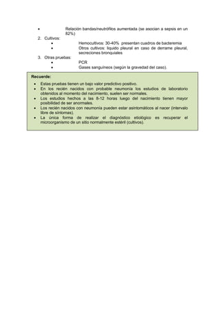 • Relación bandas/neutrófilos aumentada (se asocian a sepsis en un
82%)
2. Cultivos:
• Hemocultivos: 30-40% presentan cuadros de bacteremia
• Otros cultivos: liquido pleural en caso de derrame pleural,
secreciones bronquiales
3. Otras pruebas:
• PCR
• Gases sanguíneos (según la gravedad del caso).
Recuerde:
• Estas pruebas tienen un bajo valor predictivo positivo.
• En los recién nacidos con probable neumonía los estudios de laboratorio
obtenidos al momento del nacimiento, suelen ser normales.
• Los estudios hechos a las 8-12 horas luego del nacimiento tienen mayor
posibilidad de ser anormales.
• Los recién nacidos con neumonía pueden estar asintomáticos al nacer (intervalo
libre de síntomas).
• La única forma de realizar el diagnóstico etiológico es recuperar el
microorganismo de un sitio normalmente estéril (cultivos).
 