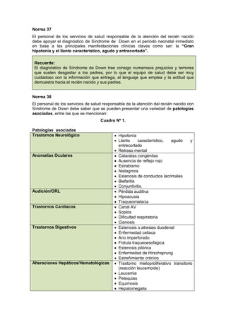 Norma 37
El personal de los servicios de salud responsable de la atención del recién nacido
debe apoyar el diagnóstico de Síndrome de Down en el período neonatal inmediato
en base a las principales manifestaciones clínicas claves como ser: la “Gran
hipotonía y el llanto característico, agudo y entrecortado”.
Recuerde:
El diagnóstico de Síndrome de Down trae consigo numerosos prejuicios y temores
que suelen desgastar a los padres, por lo que el equipo de salud debe ser muy
cuidadoso con la información que entrega, el lenguaje que emplea y la actitud que
demuestra hacia el recién nacido y sus padres.
Norma 38
El personal de los servicios de salud responsable de la atención del recién nacido con
Síndrome de Down debe saber que se pueden presentar una variedad de patologías
asociadas, entre las que se mencionan:
Cuadro Nº 1.
Patologías asociadas
Trastornos Neurológico • Hipotonía
• Llanto característico, agudo y
entrecortado
• Retraso mental
Anomalías Oculares • Cataratas congénitas
• Ausencia de reflejo rojo
• Estrabismo
• Nistagmos
• Estenosis de conductos lacrimales
• Blefaritis
• Conjuntivitis.
Audición/ORL • Pérdida auditiva
• Hipoacusia
• Traqueomalacia
Trastornos Cardiacos • Canal AV
• Soplos
• Dificultad respiratoria
• Cianosis
Trastornos Digestivos • Estenosis o atresias duodenal
• Enfermedad celiaca
• Ano imperforado
• Fístula traqueoesofagica
• Estenosis pilórica
• Enfermedad de Hirschsprung
• Estreñimiento crónico
Alteraciones Hepáticos/Hematológicas • Trastorno mieloproliferativo transitorio
(reacción leucemoide)
• Leucemia
• Petequias
• Equimosis
• Hepatomegalia
 